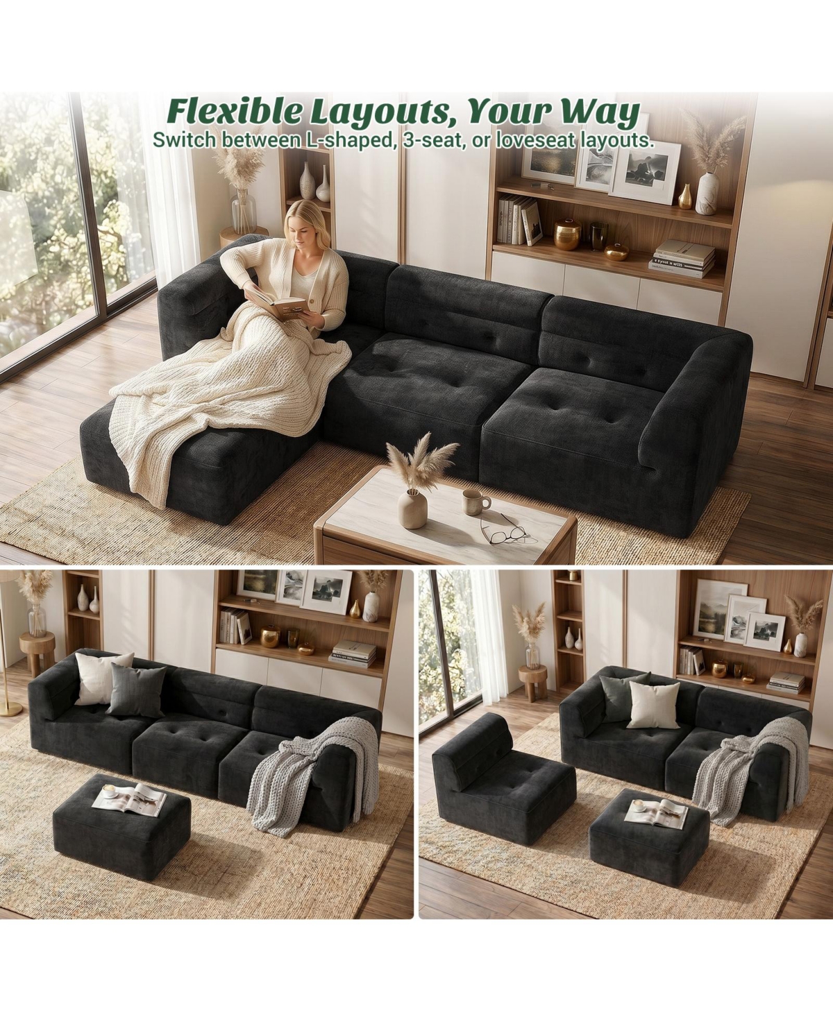 Aheaplus 4-Seater L-Shaped Modular Sectional Sofa, Boneless Living Room Sofa