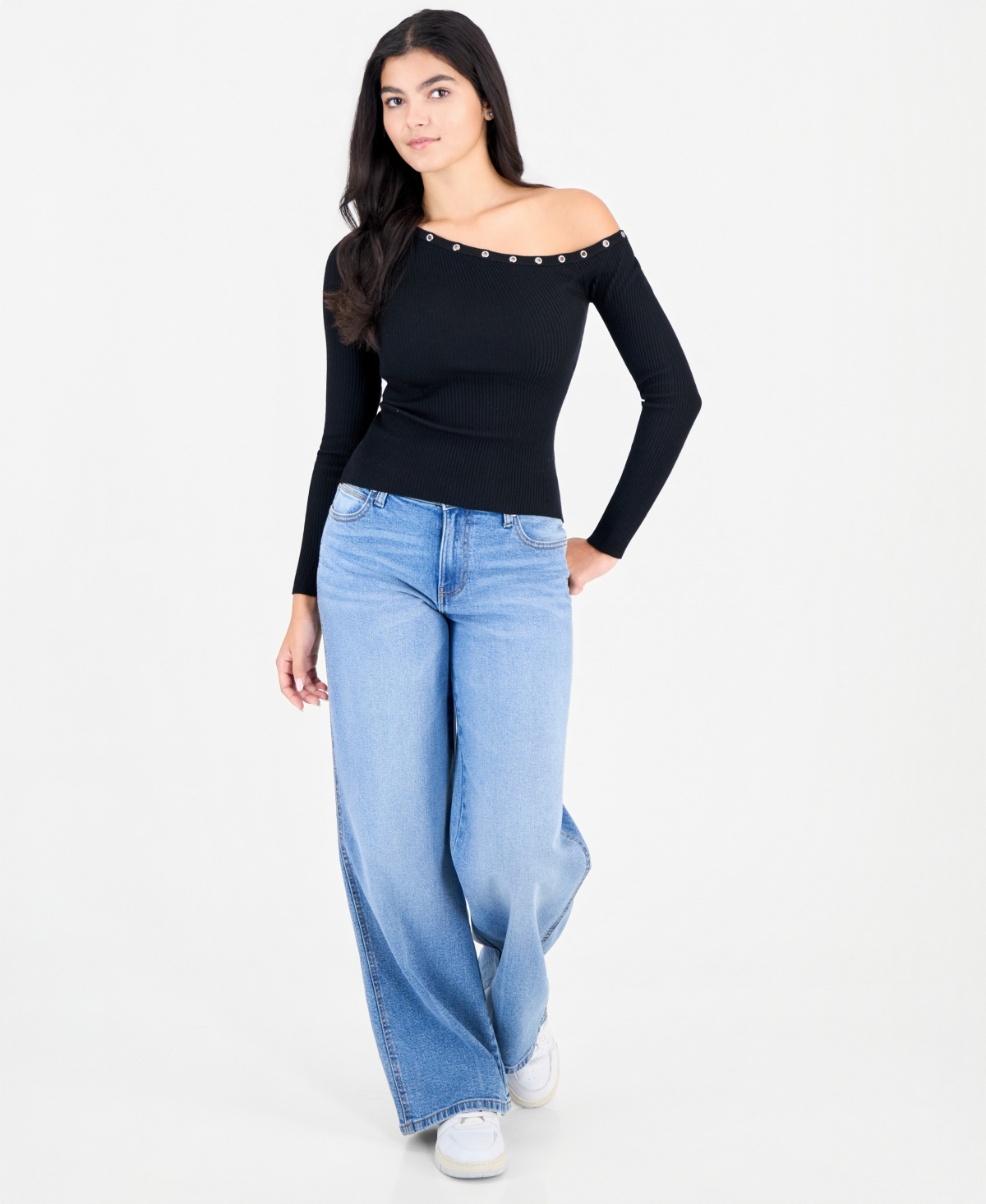 Sincerely Jules Juniors' Asym Neckline Grommet Ribbed Sweater