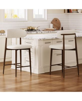Set of 2 Modern Mid-Century Counter Height Bar Stools, Linen Upholstered Barstools with Back