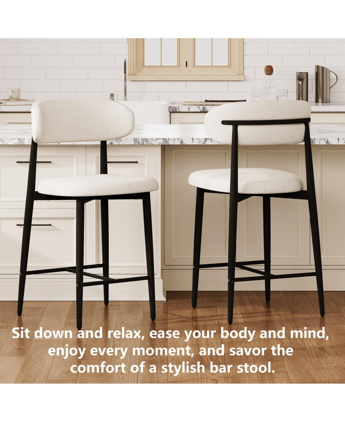 Maison Boucle Set of 2 Modern Mid-Century Counter Height Bar Stools, Linen Upholstered Barstools with Back