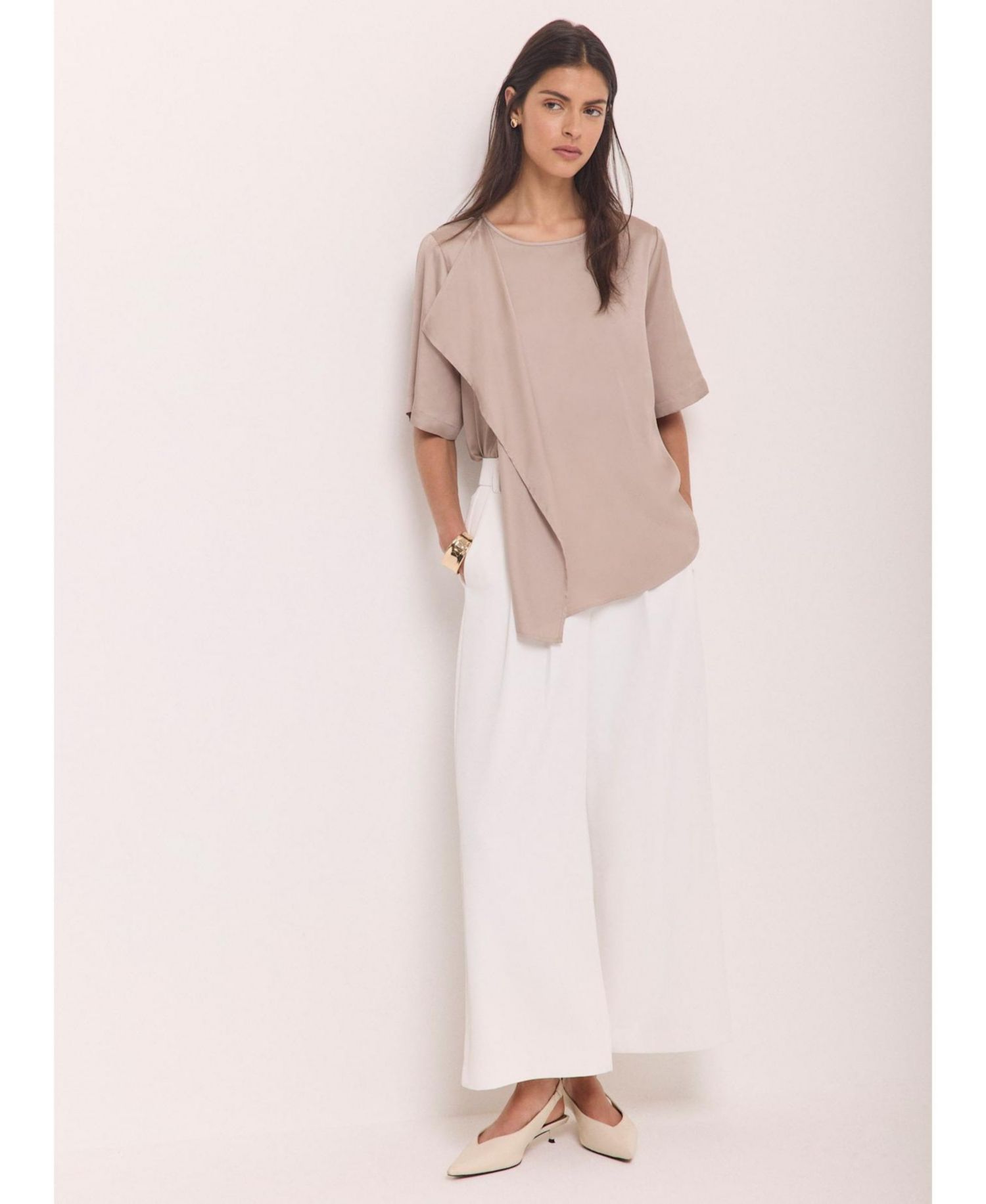 Women's Satin Ruffle-Front Button-Back Top