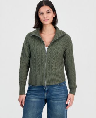 Juniors' Fold-Over Collar Cable-Knit Full-Zip Sweater