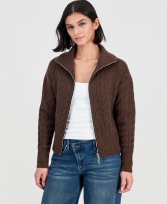 Juniors' Fold-Over Collar Cable-Knit Full-Zip Sweater
