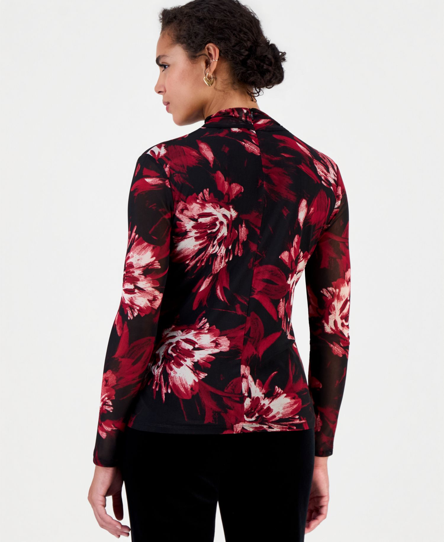Women's Floral-Print Mesh Long-Sleeve Blouse