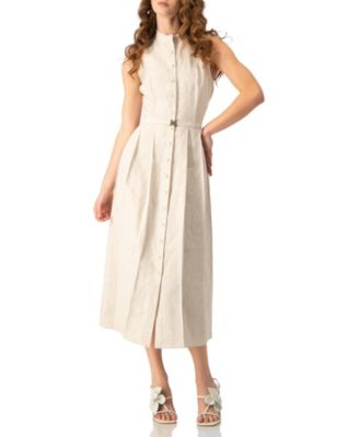 Women's Linen Belted Band Collar Midi Shirtdress