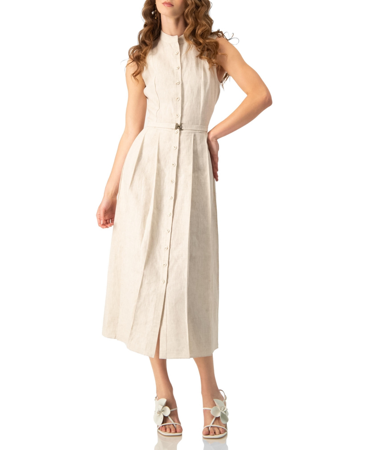 Ivonne Women's Linen Belted Band Collar Midi Shirtdress