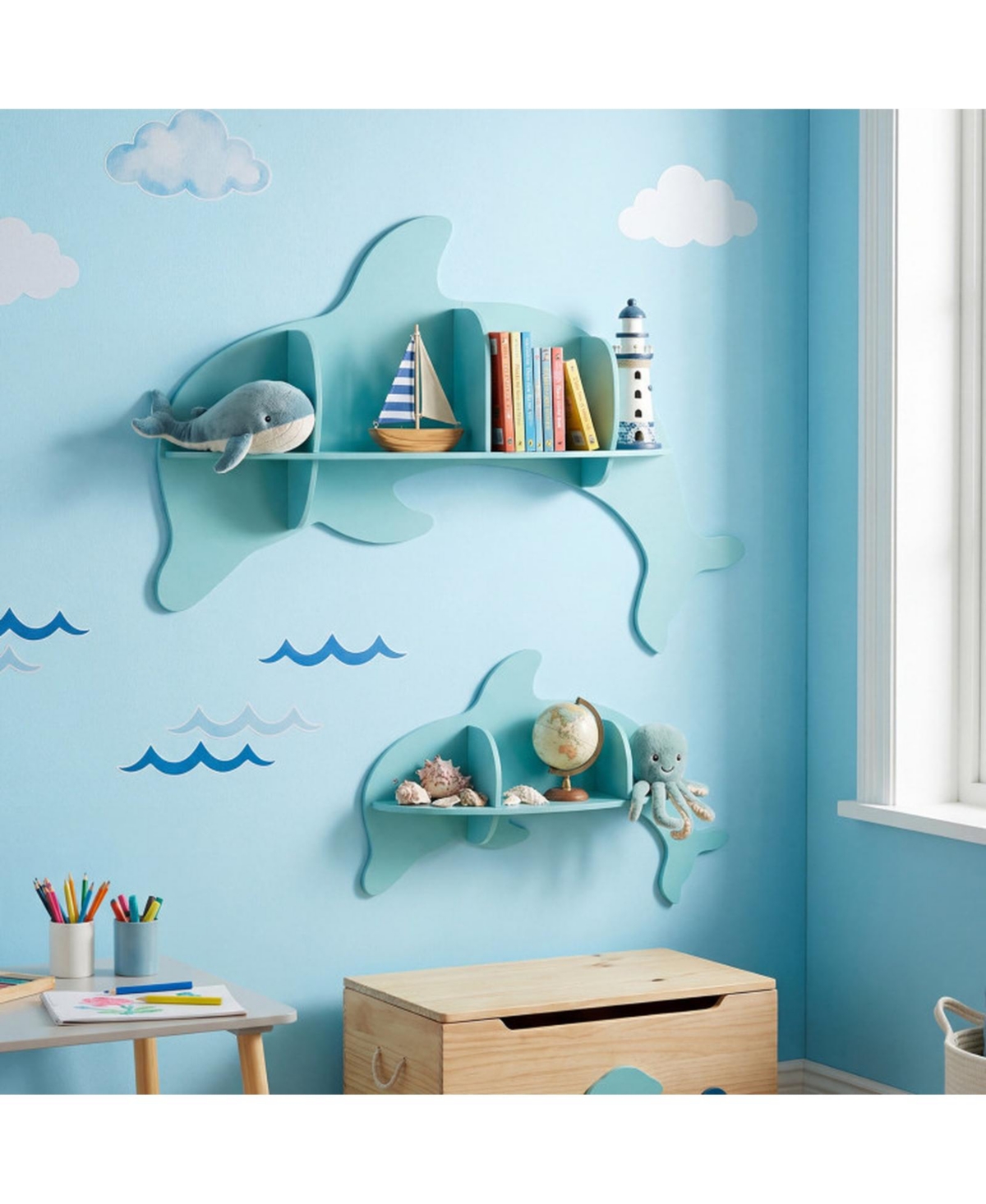 Sugift 2 Pieces Floating Dolphin Shelves Wall Mounted Kids Room Storage Display Rack with Dividers