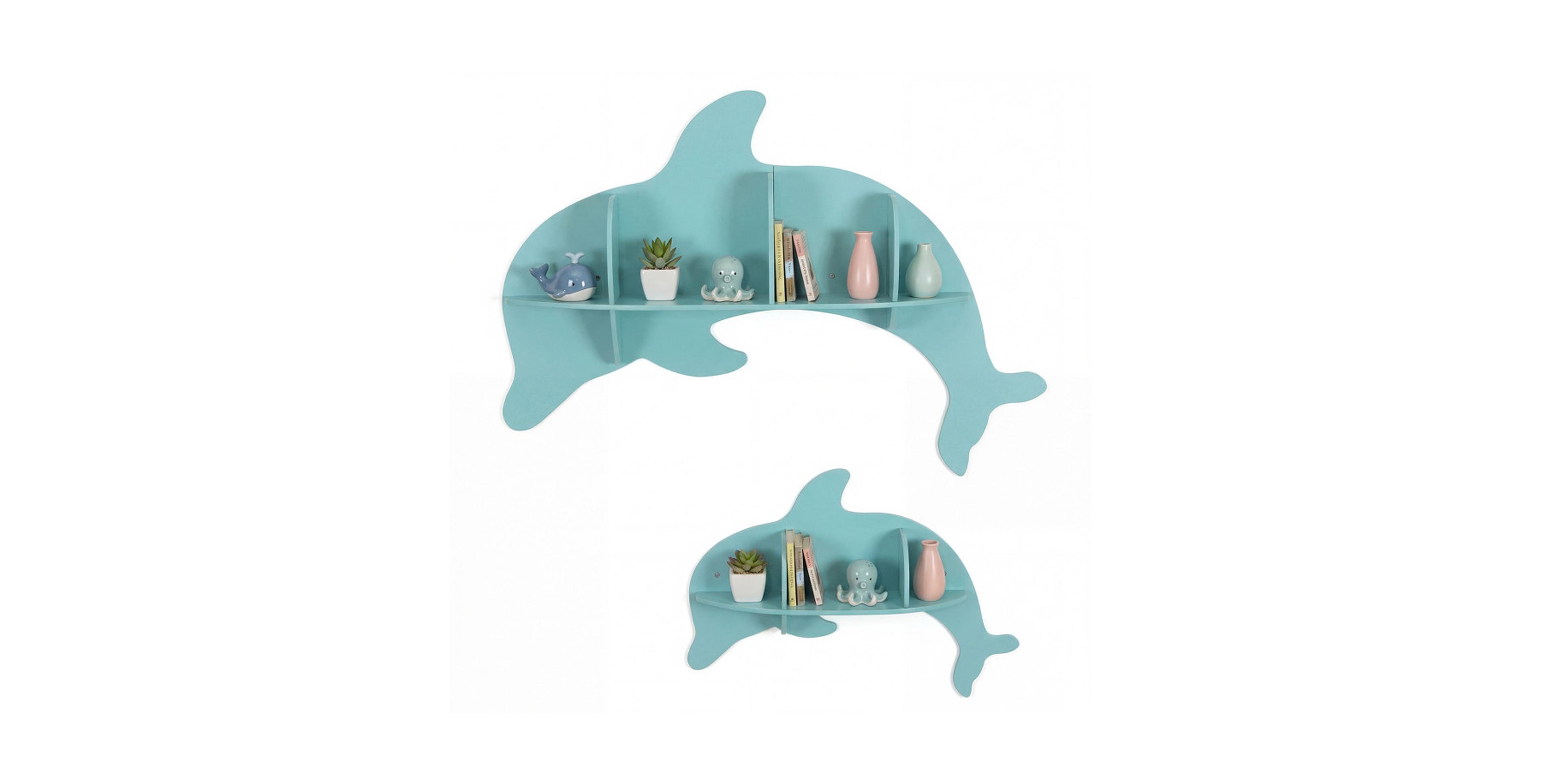 Sugift 2 Pieces Floating Dolphin Shelves Wall Mounted Kids Room Storage Display Rack with Dividers