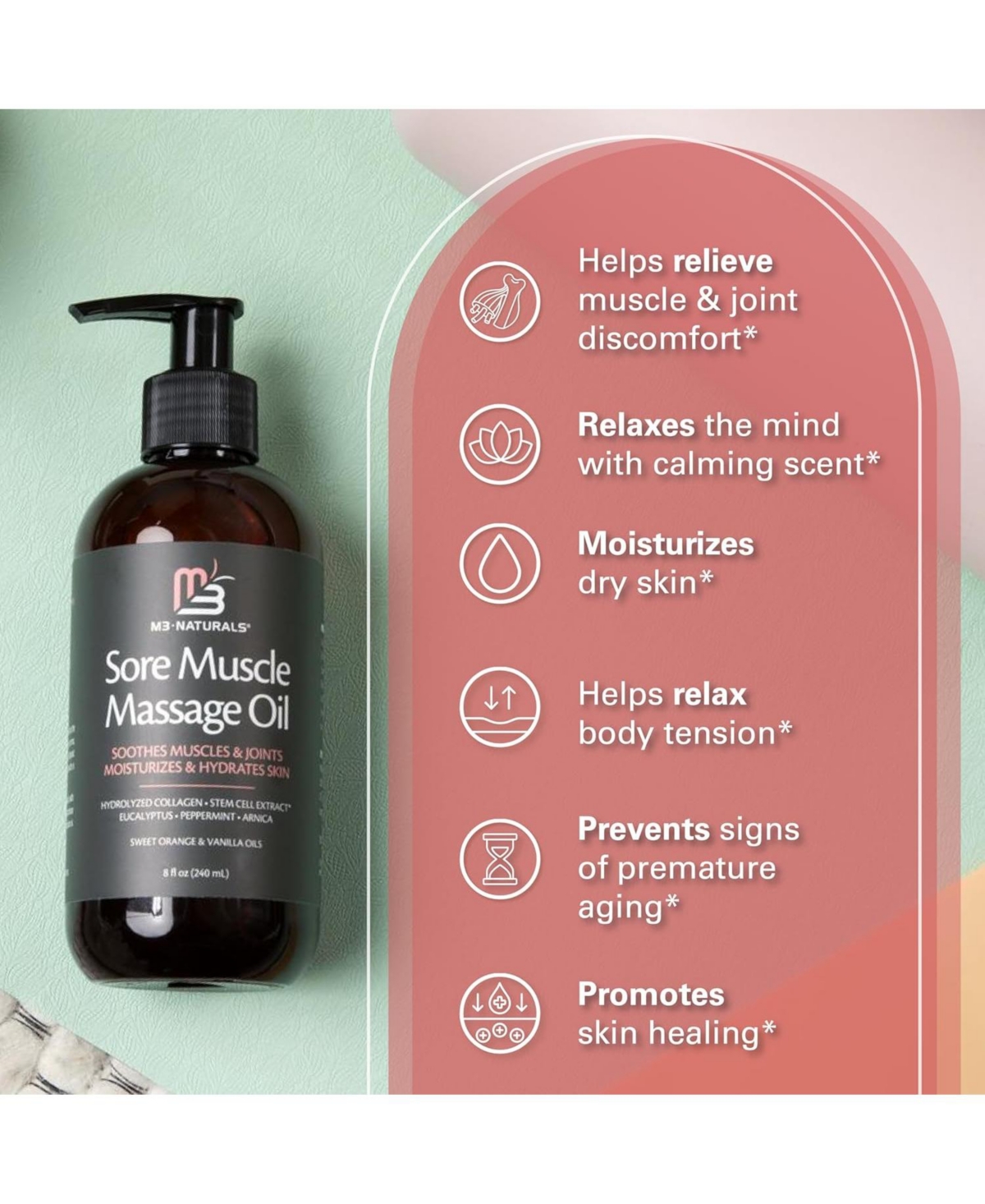 M3 Sore Muscle Massage Oil with Collagen, Stem Cells and Menthol | Full Body Massage Oil | 8 fl oz, Pack of 2