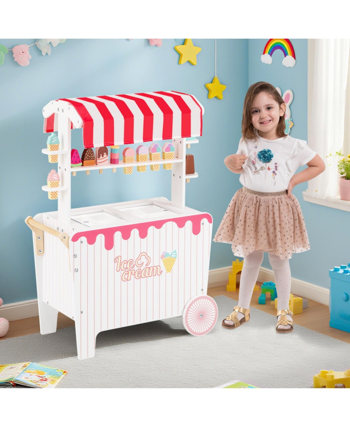 Sugift Ice Cream Cart 12-Piece Rolling Canopy Playset, Ages 3+