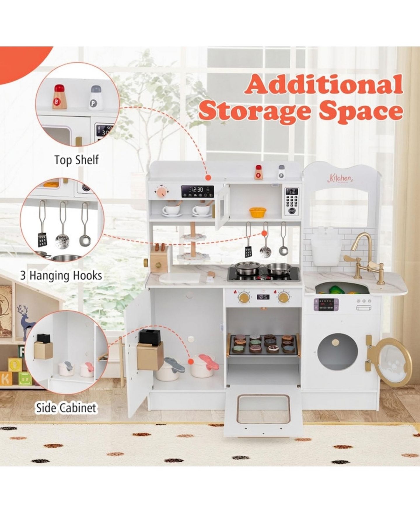 Детские игрушки SUGIFT Lights and Sounds 25-Piece Wooden Play Kitchen, Ages 3+, цвет: Белый — фото 11