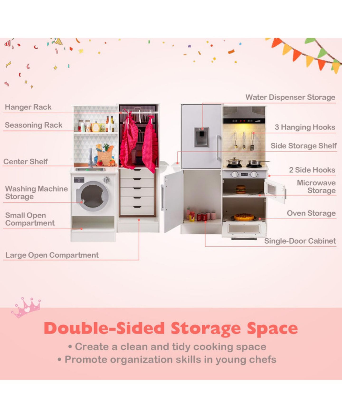 Детская игрушка SUGIFT Double-Sided Toddler Play Kitchen with Water Dispenser and Luminous Range Hood Ages 3 Plus, цвет: Белый — фото 8