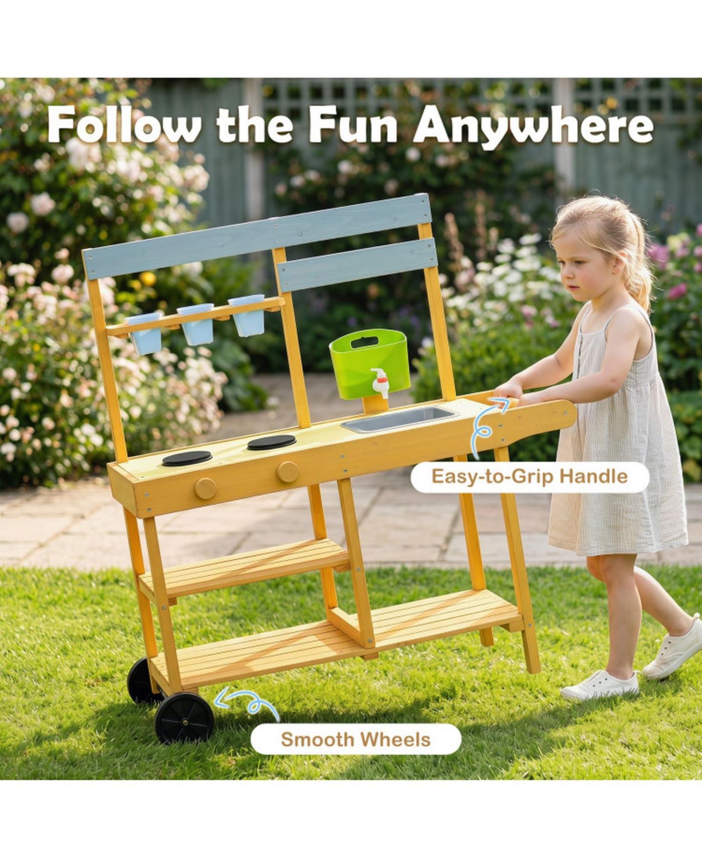 Детская игрушка SUGIFT Mobile Wooden Mud Kitchen with 3 Flowerpots and Cooking Accessories, Ages 3+, цвет: Жёлтый — фото 9