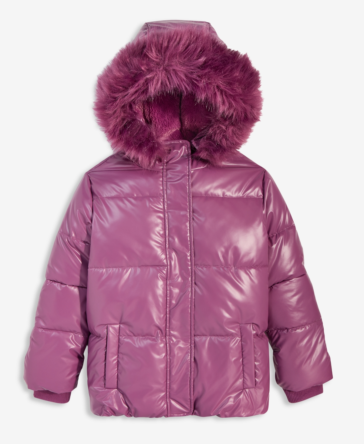 Steve Madden Kids' Girls' Xs-xl Liquid Fashion Hooded Puffer Jacket With Faux-fur Trim In Purple