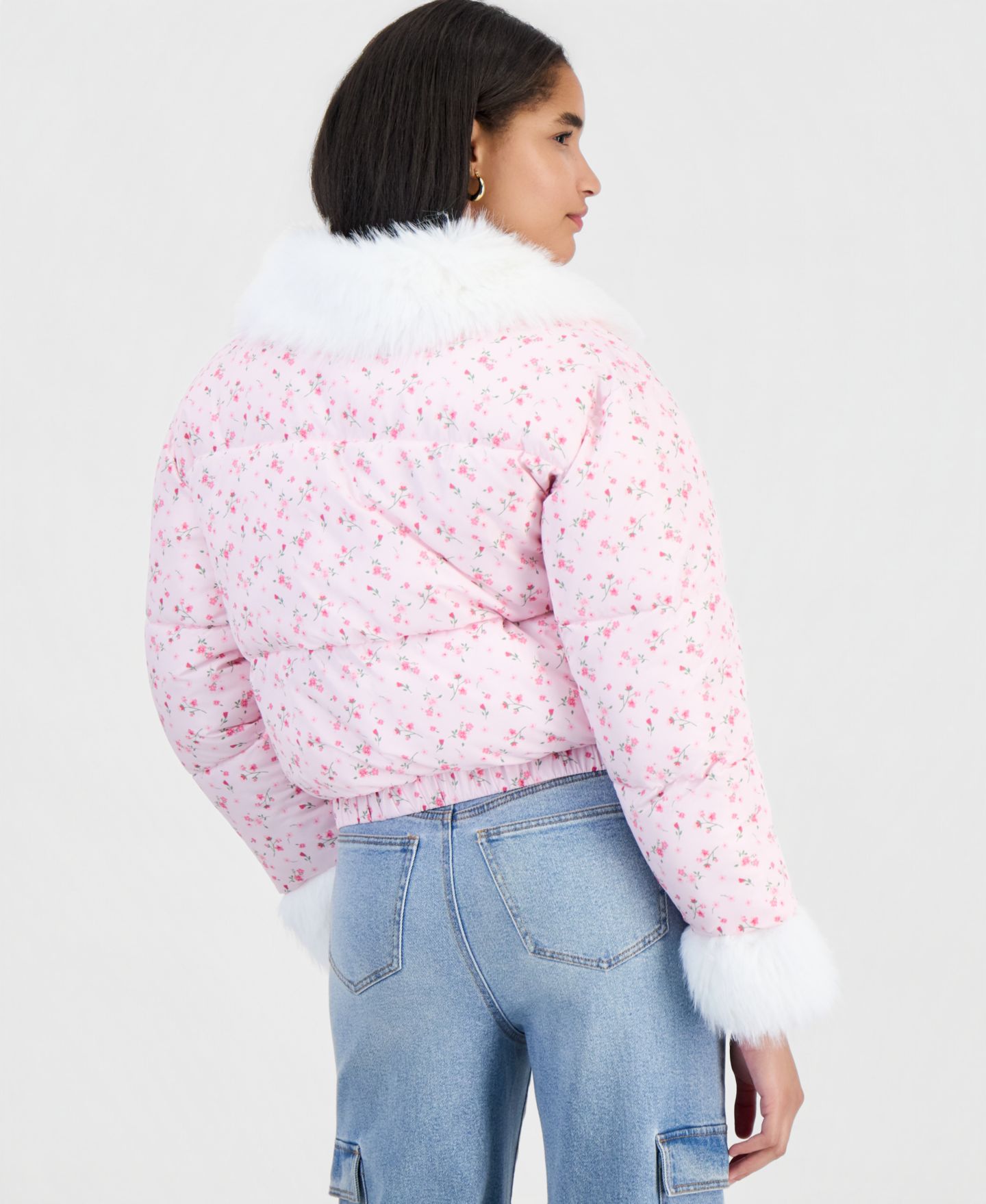 Женская куртка Madden Girl Juniors' Floral-Print Faux-Fur Trim Puffer, цвет: С принтом — фото 2
