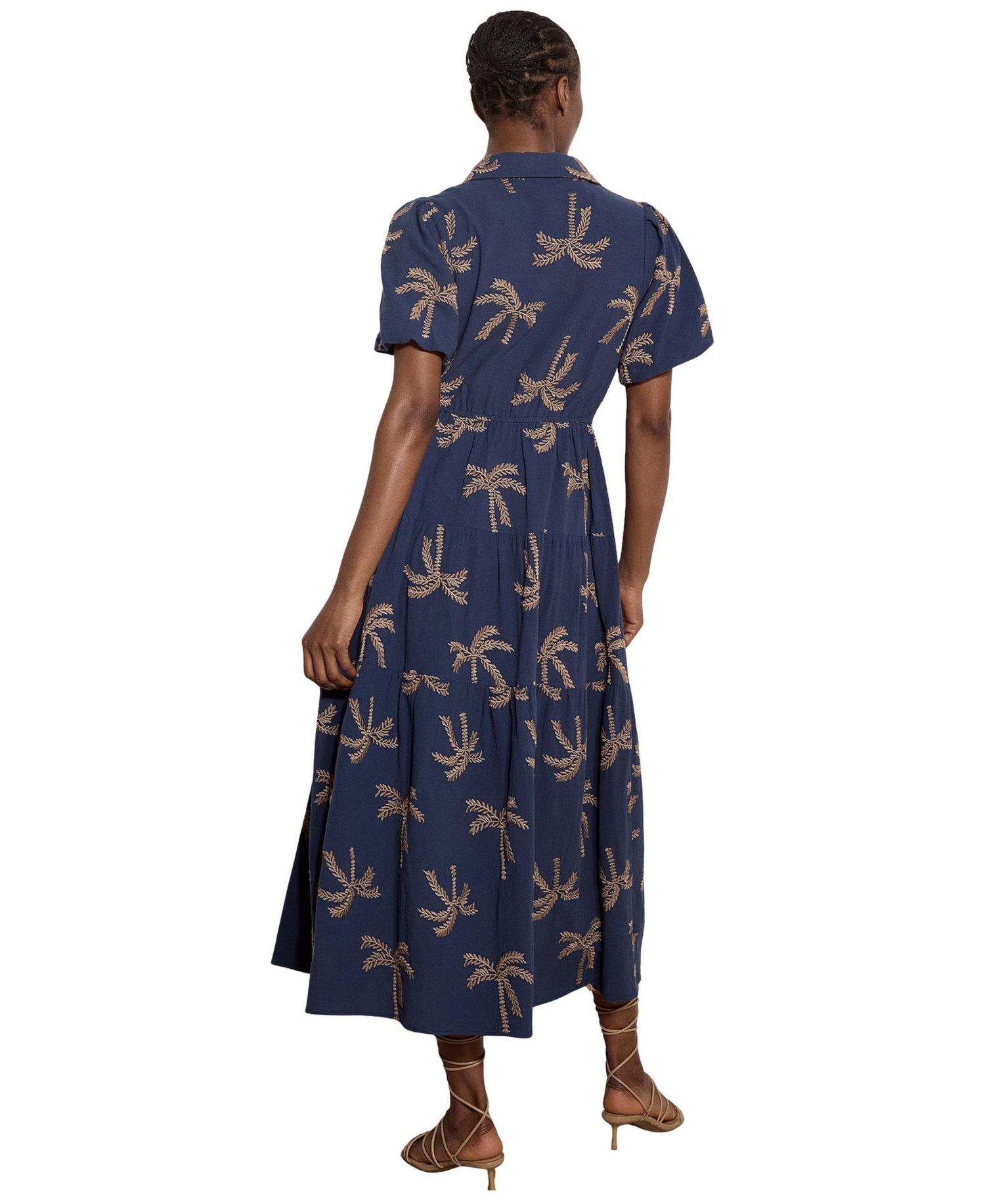 Women's Embroidered Puff-Sleeve Tiered Midi Dress
