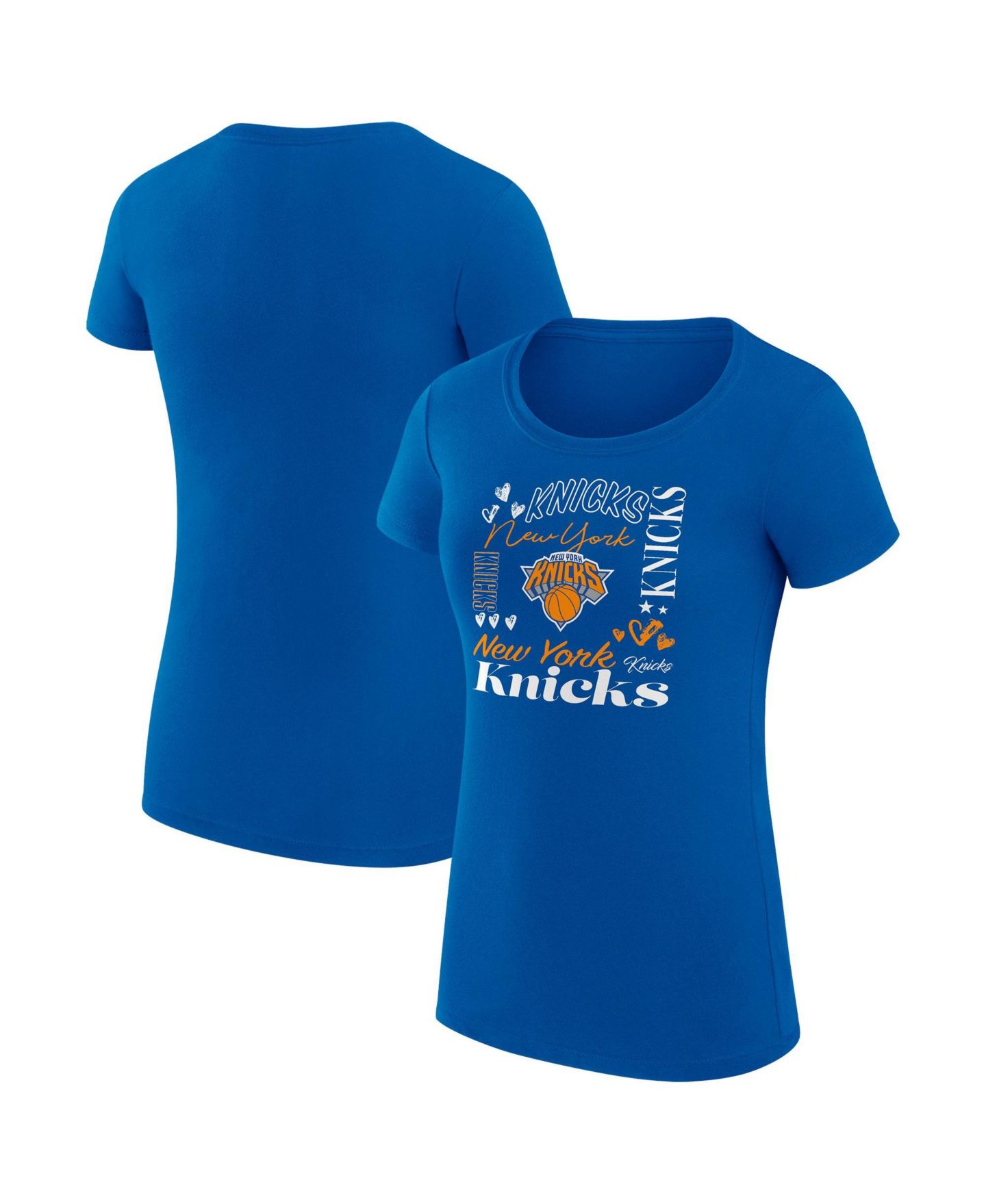Женская футболка G-III 4Her by Carl Banks Blue New York Knicks Super-Slim Fit Lightweight Team Name Collage Graphic — фото 1