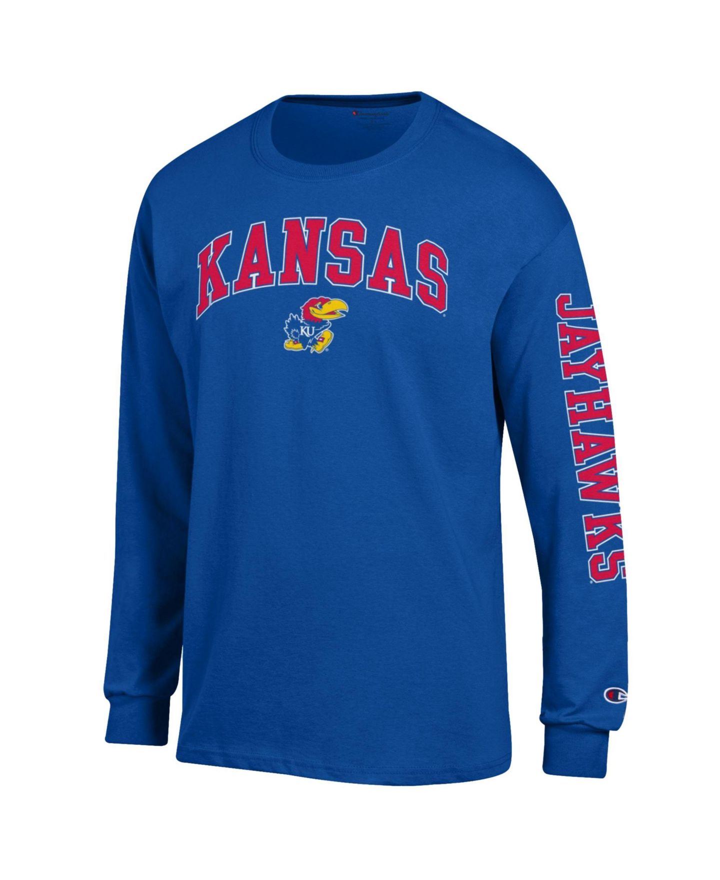 Мужская футболка Champion Royal Kansas Jayhawks Arch Over Logo 2-Hit Long Sleeve, цвет: Чёрный — фото 4