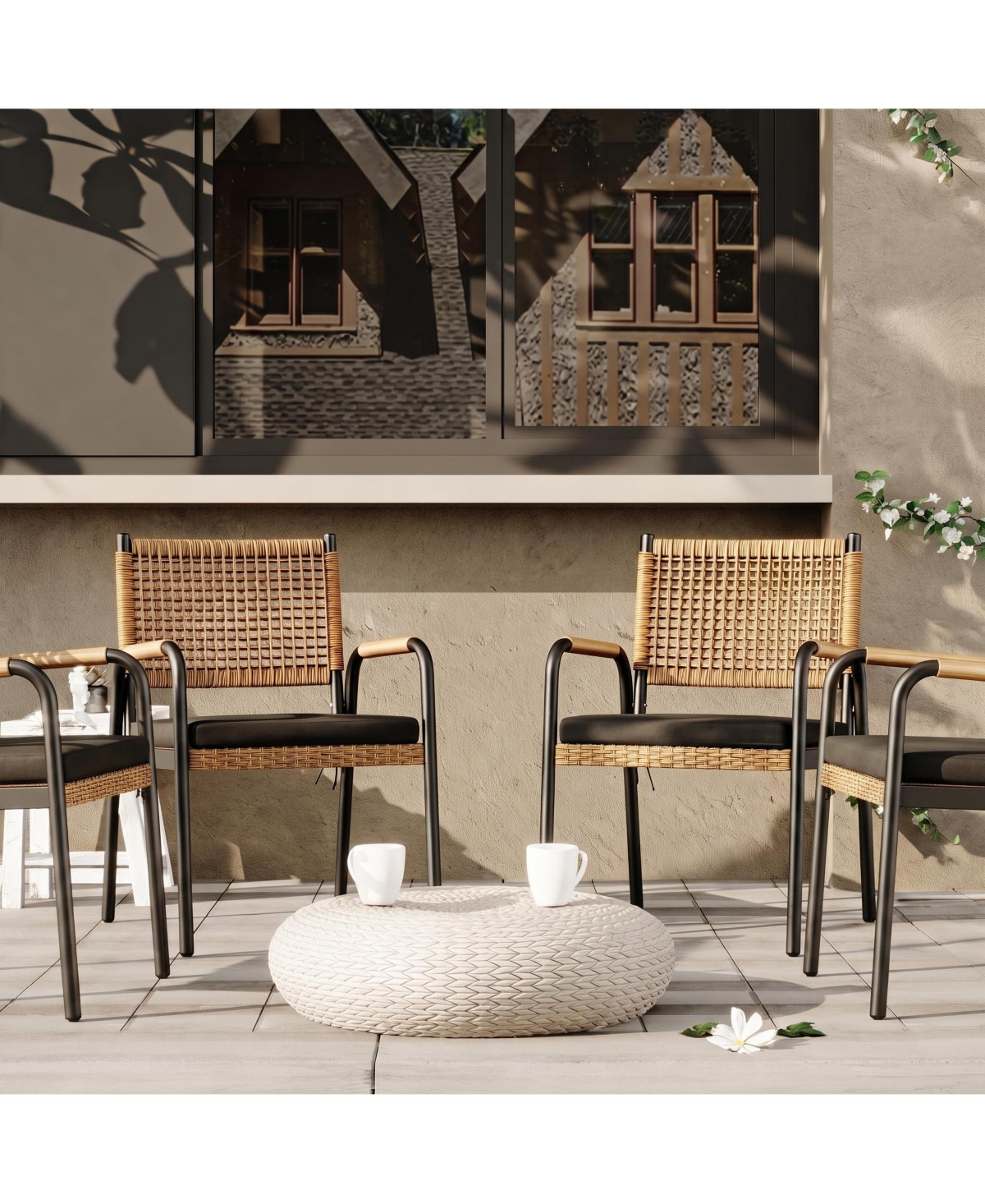 homfan Set of 2 Or 4 Stackable Dining Armchairs - Weatherproof Polyrattan and Breathable Textilene, Heavy Duty Metal Frame with Cushions, for Garden