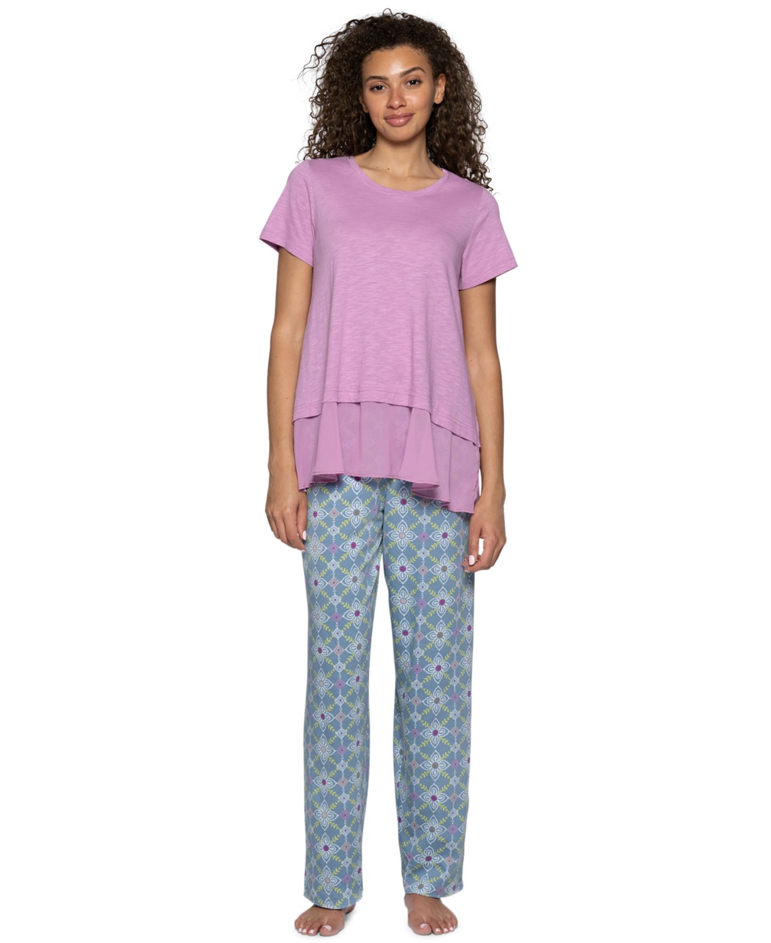 Women's Crewneck Georgette Flounce Cotton-Blend PJ Tee