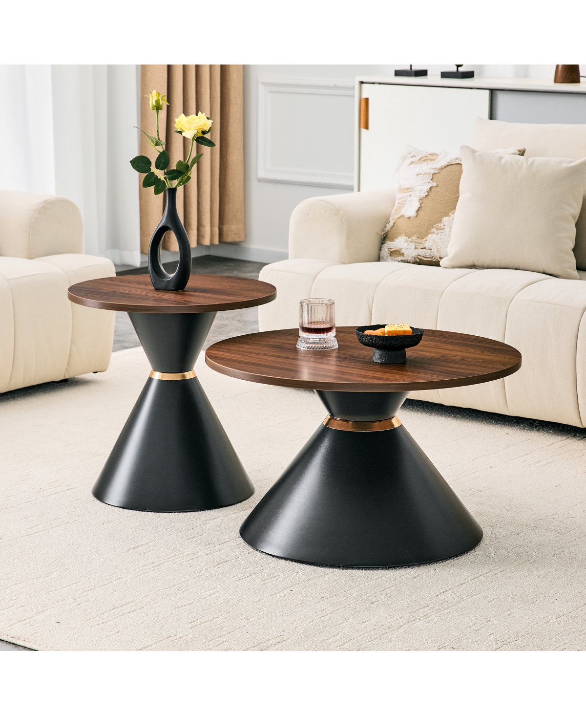 Streamdale Furniture 2-Piece Walnut Textured Round Coffee Table Set with Metal Base