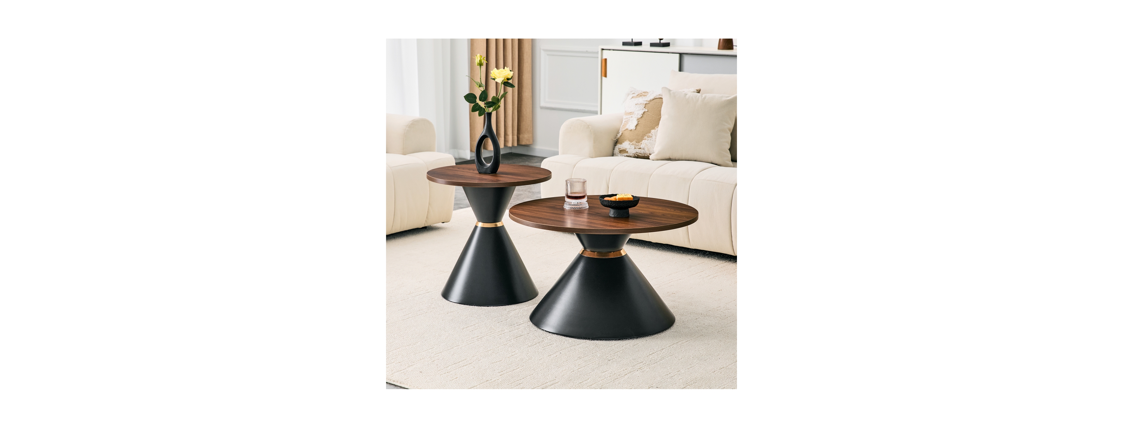 Streamdale Furniture 2-Piece Walnut Textured Round Coffee Table Set with Metal Base