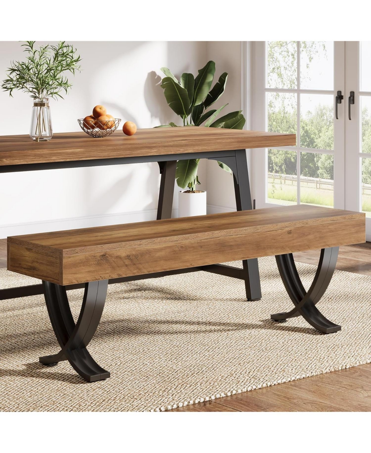Tribesigns 55" Farmhouse Dining Bench:Wooden kitchen table seat with metal X-shaped legs.Long indoor bench for dining room,bedroom,entryway,mudroom -