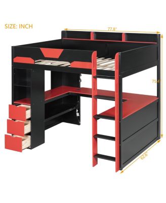  Full Size Wooden Gaming Loft Bed with Desk, RGB Lights and USB