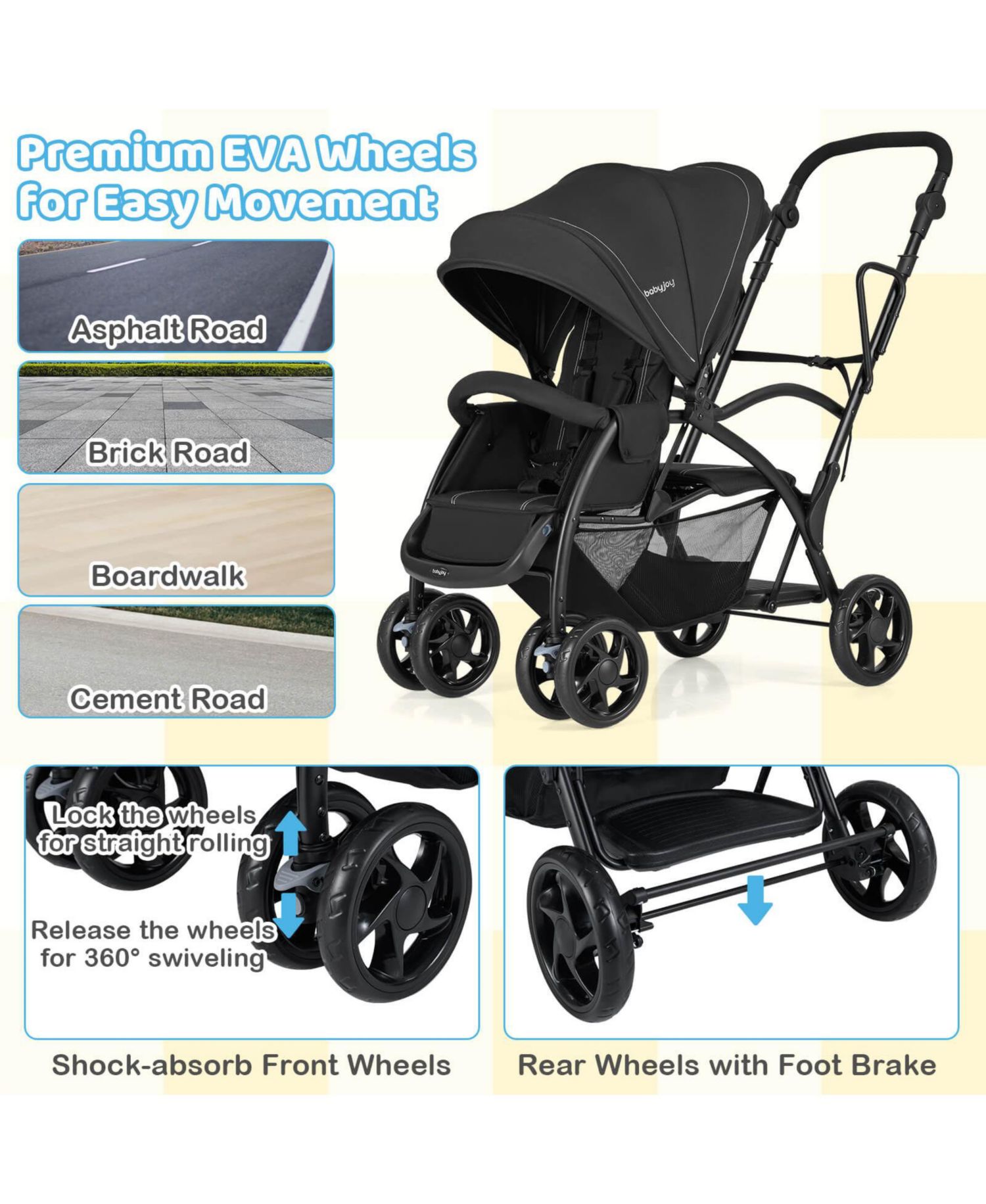 Sit and Stand Double Stroller with Adjustable Handle Bar Backrests Footrest Canopies