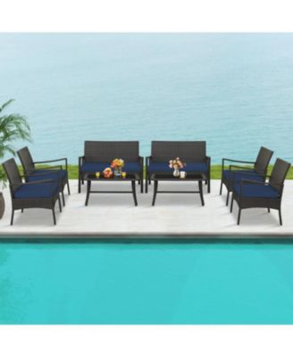 4 Pieces Outdoor Rattan Conversation Set with Tempered Glass Coffee Table