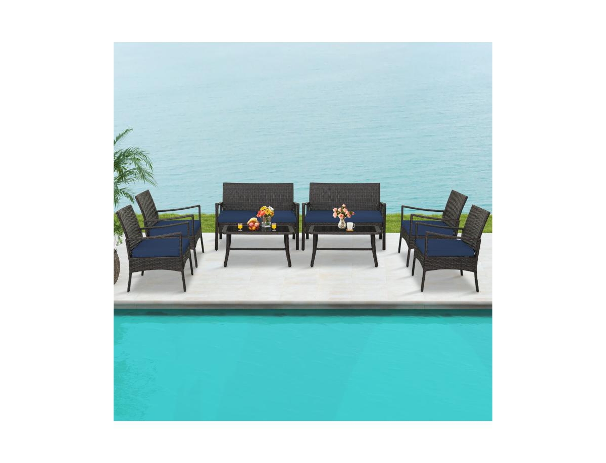 Boyel Living 4 Pieces Outdoor Rattan Conversation Set with Tempered Glass Coffee Table
