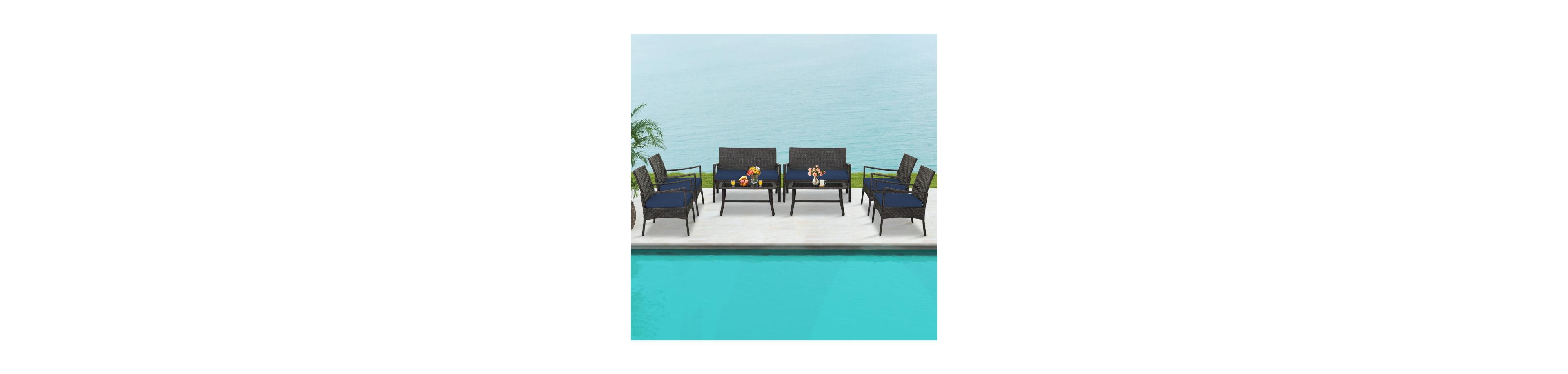 Boyel Living 4 Pieces Outdoor Rattan Conversation Set with Tempered Glass Coffee Table