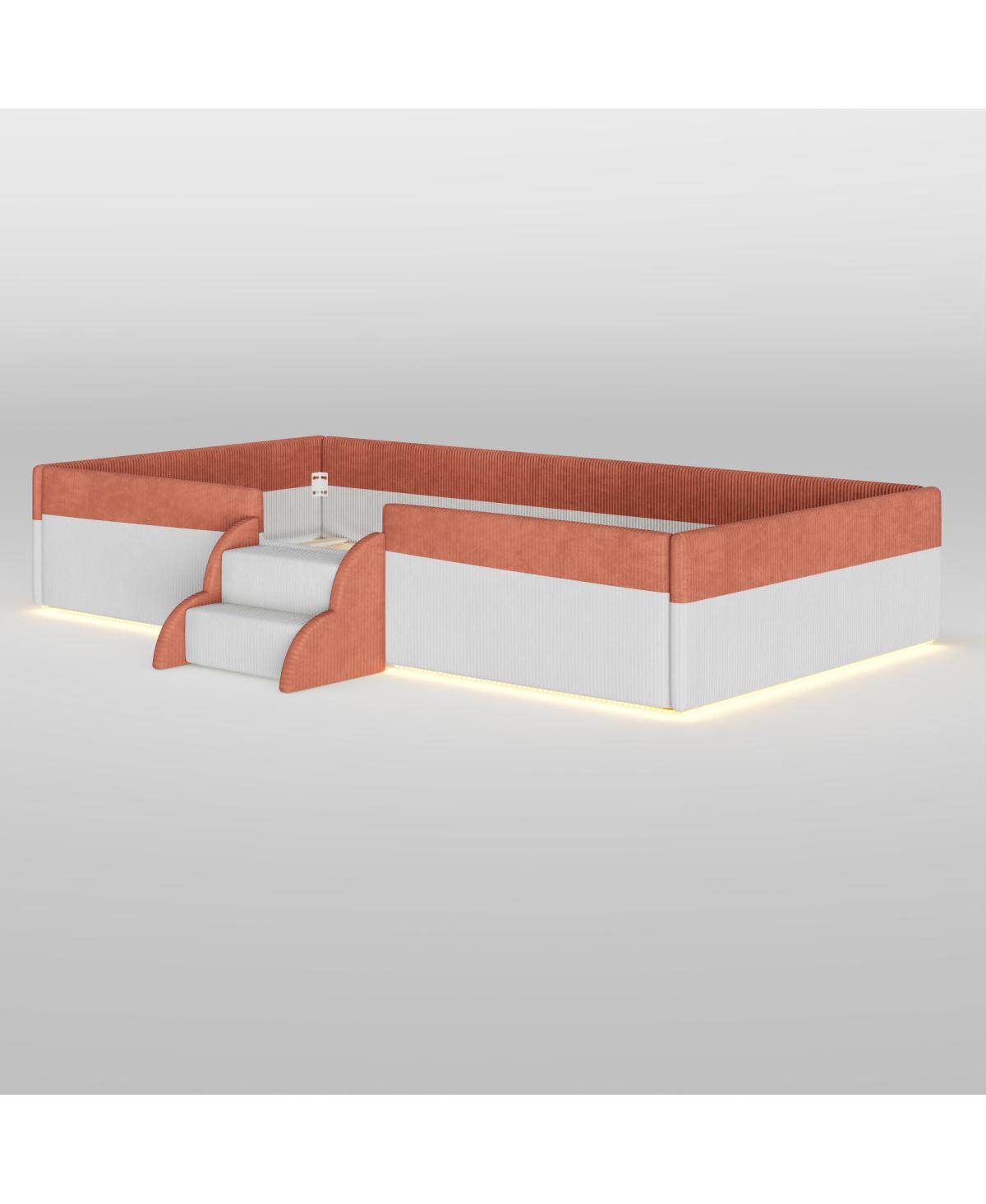 Streamdale Furniture Twin Upholstered Floor Bed with Fence, Steps and Led Lights