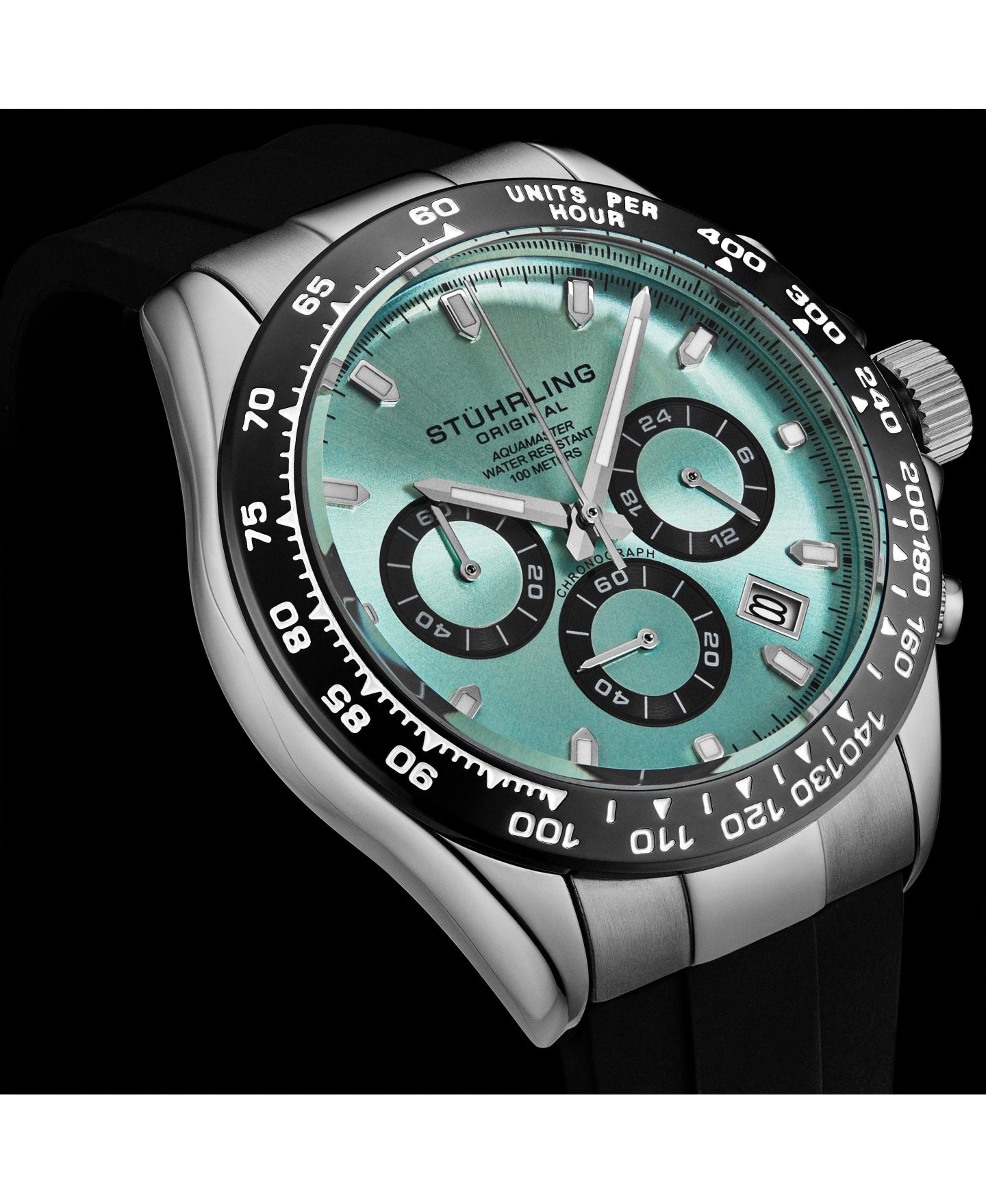 Мужские часы Stuhrling Aquamaster 4050 43mm VK63 Meca-Quartz Chronograph Watch, Ice Blue Sunray Dial, Black Tachymeter Bezel, Black Silicone Strap, 100M WR, цвет: Ледяной синий — фото 5