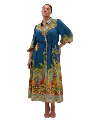 Plus Size Fools Paradise Print Collared 3/4-Sleeve Maxi Dress