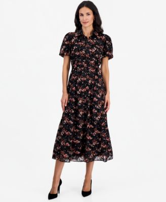Petite Puff-Sleeve Floral Midi Shirt Dress