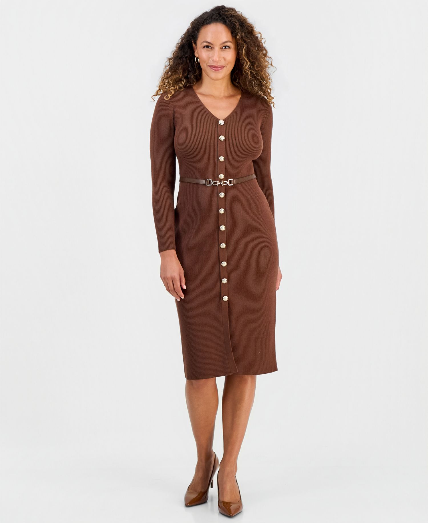 Petite V-Neck Long-Sleeve Midi Sweater Dress