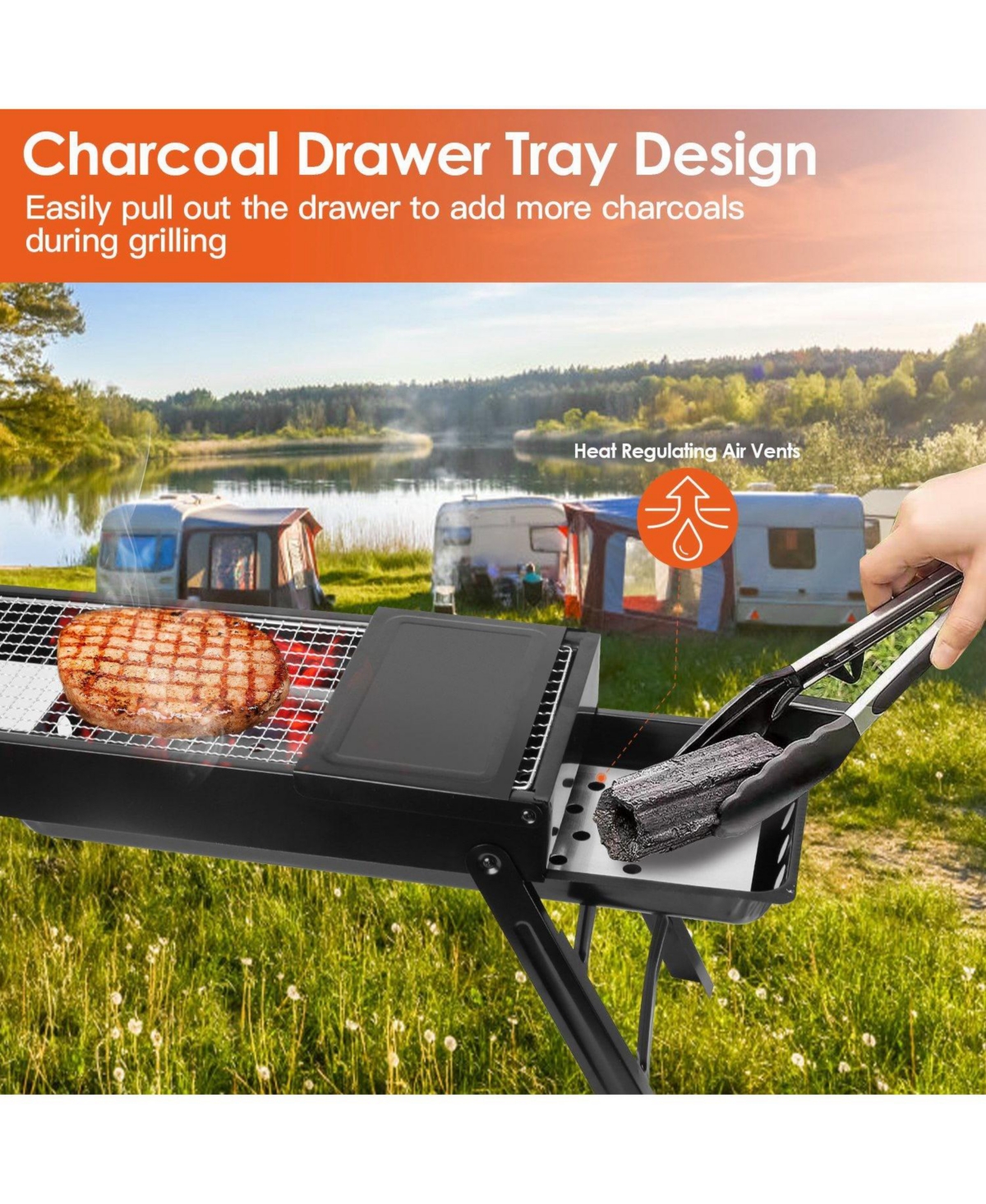 Mountaintop Foldable Charcoal Bbq Grill, w/ Shelf and Stainless Steel Net, Easy Setup, Portable Tabletop, for Camping, Picnic, Outdoor Party, Backyard