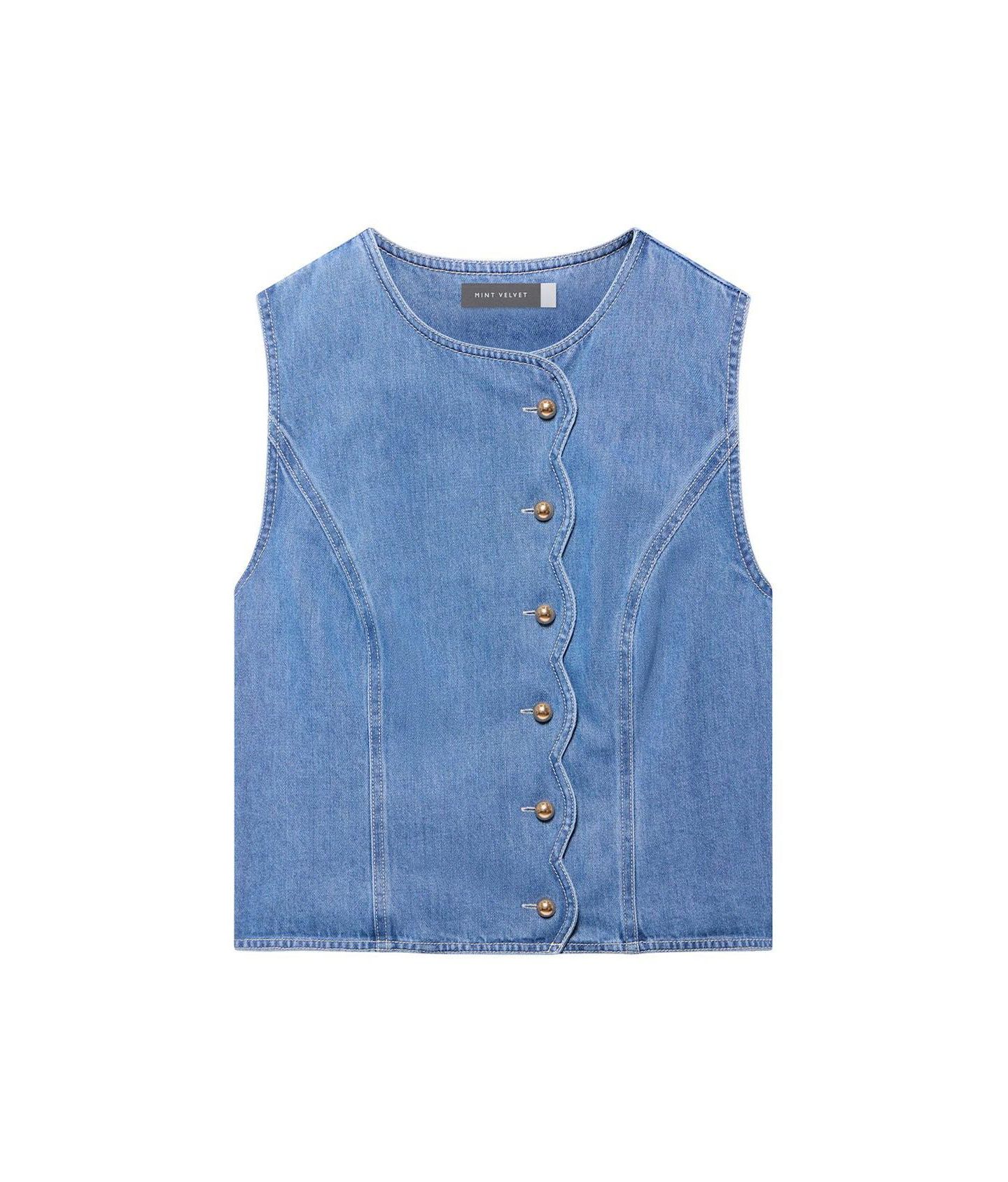 Женский топ Mint Velvet Sleeveless Scallop Detail Denim Waistcoat, цвет: Синий — фото 4