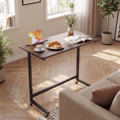 C-Shaped Mobile Side Table with Tablet Slot and Rolling Casters