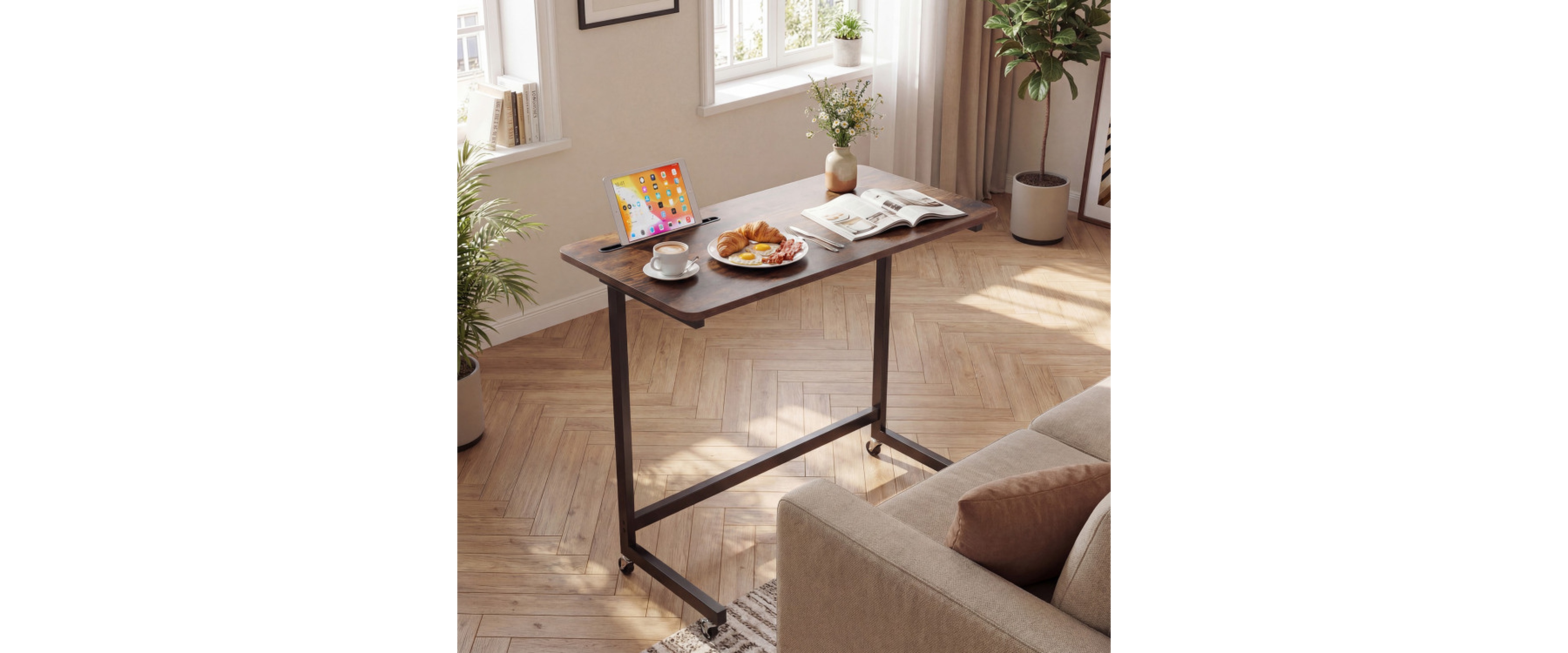 Sugift C-Shaped Mobile Side Table with Tablet Slot and Rolling Casters