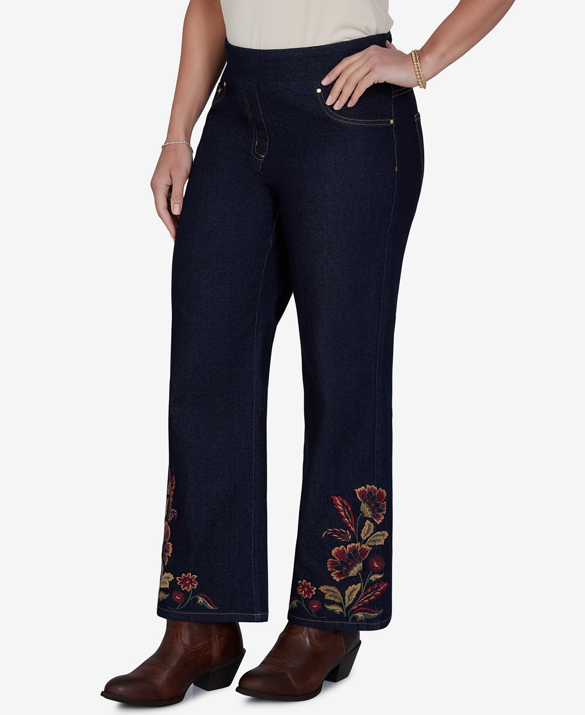 Ruby Rd. Petite Pull-on Wide-leg Embroidered Denim Pants In Blue