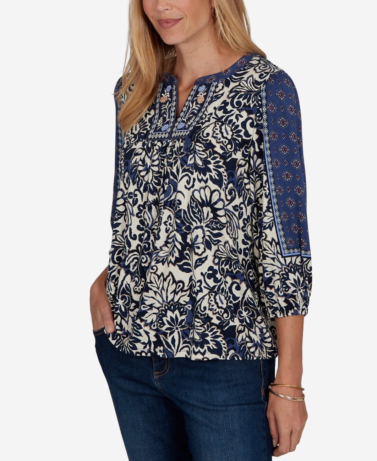 Ruby Rd. Petite Foliage Henley 3/4-sleeve Floral-print Blouse In Blue