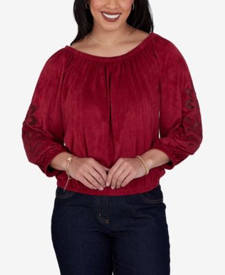 Petite Embroidered Scoop-Neck 3/4-Sleeve Blouse