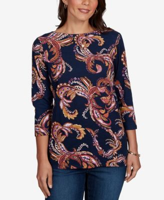 Petite Paisley-Print Boat Neck 3/4-Sleeve Top