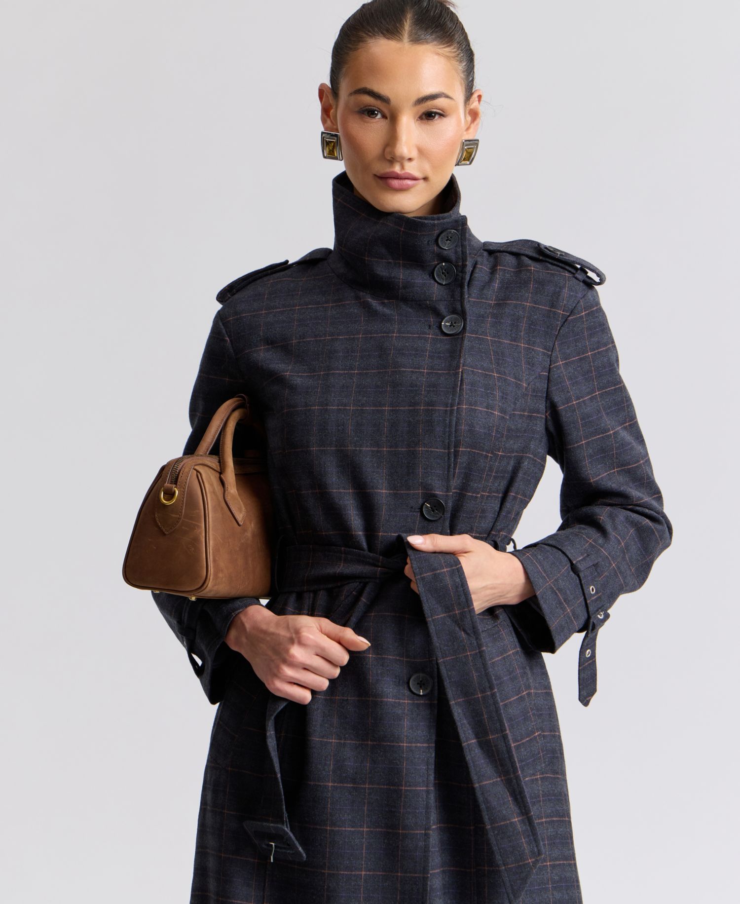 Women's Plaid Funnel Neck Belted Trench Coat