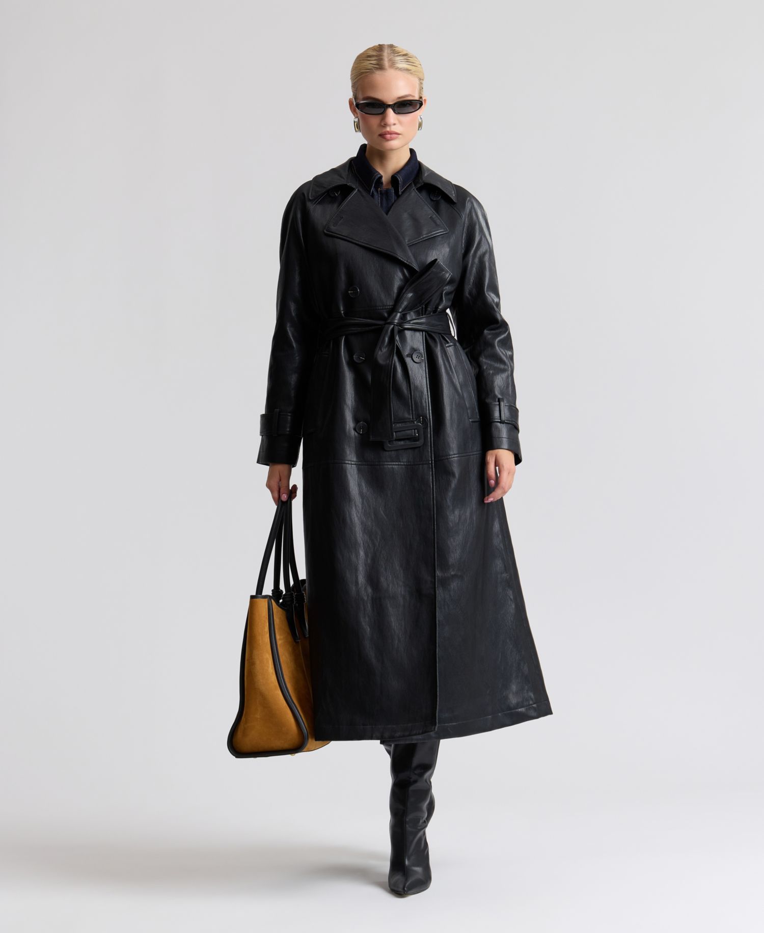 Women's Faux-Leather Belted Raglan-Sleeve Trench Coat