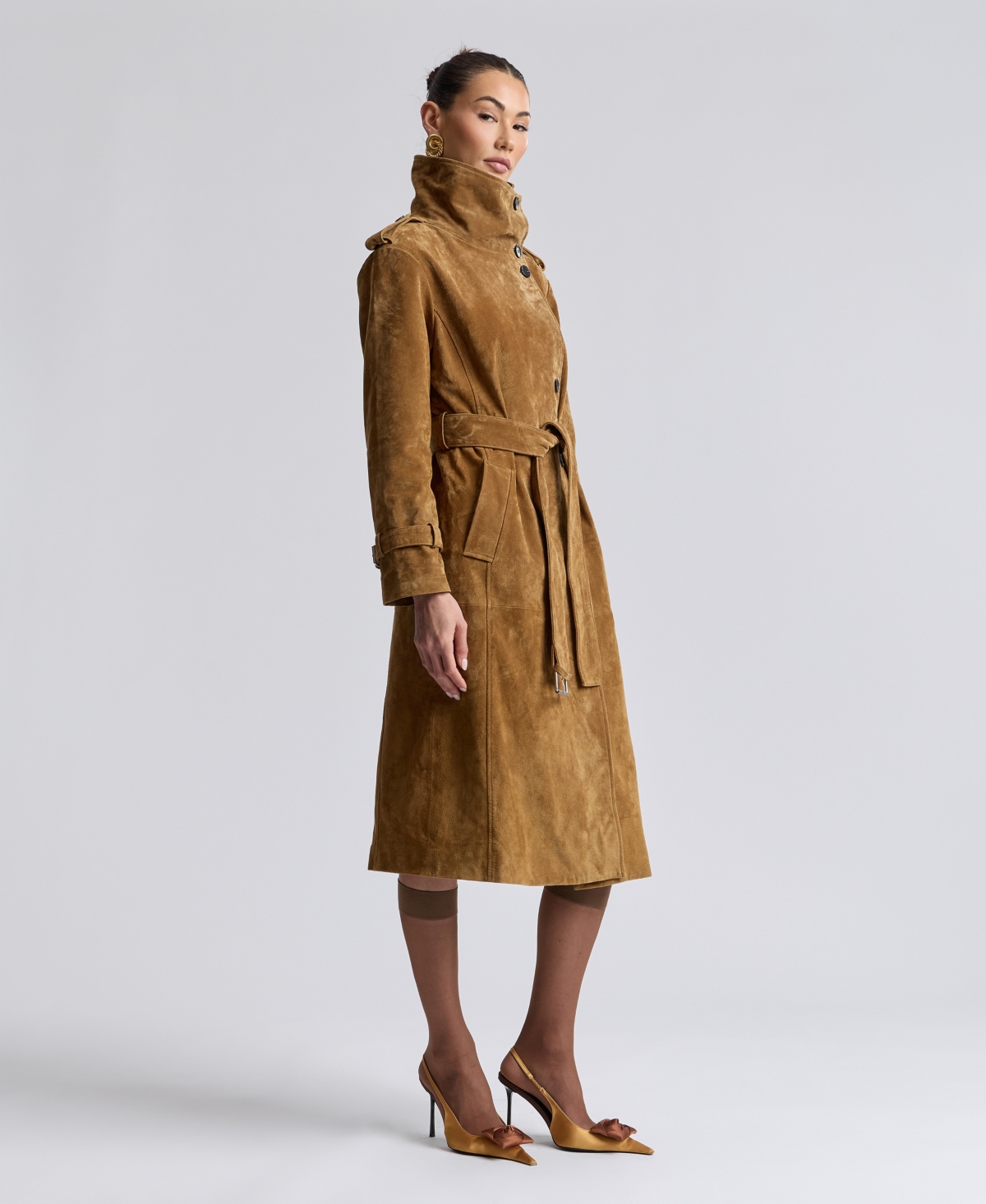 Avec Les Filles Women's Funnel-Neck Suede Oversized Trench Coat