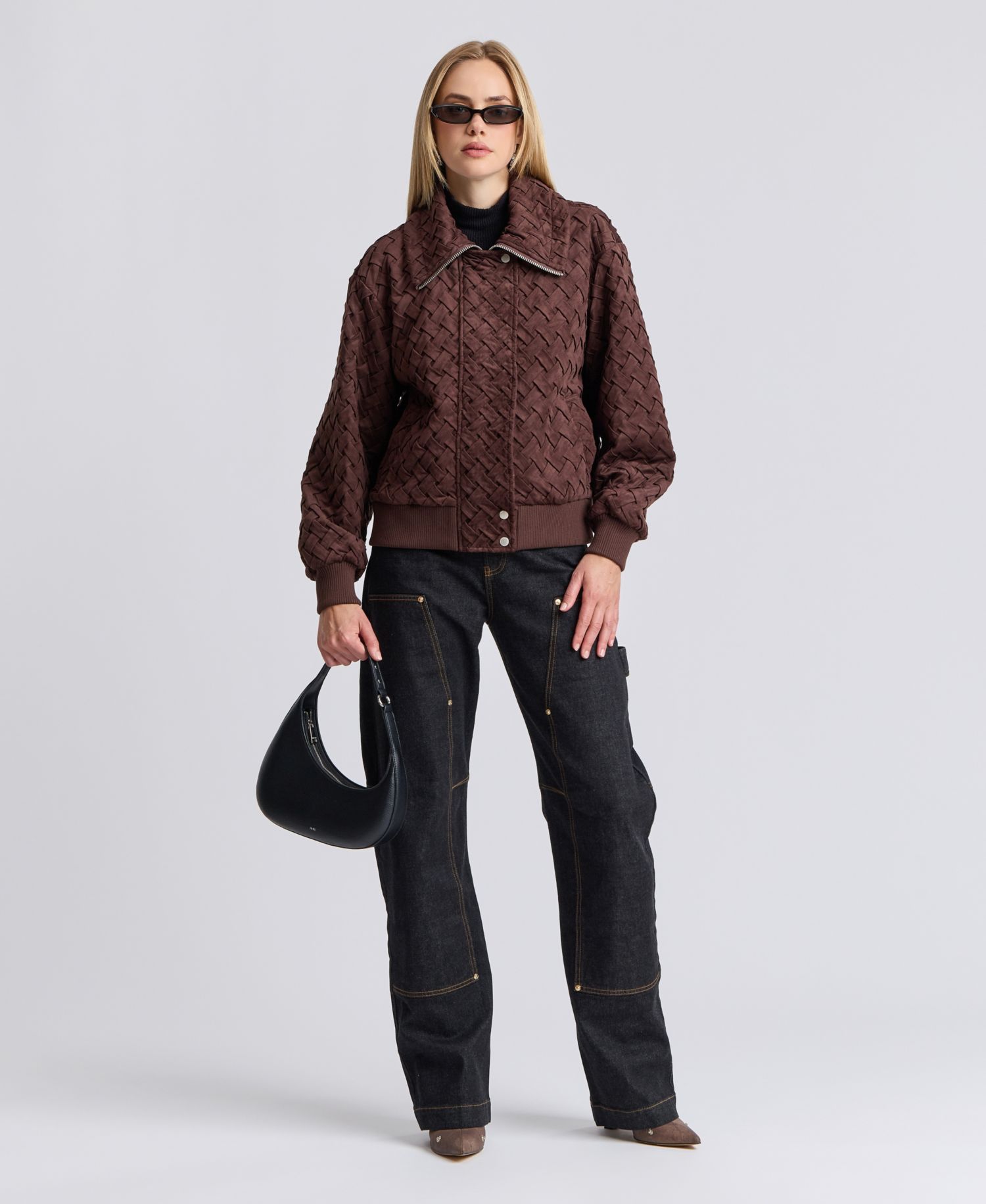 Women's Oversized Basketweave Faux Suede Bomber Coat