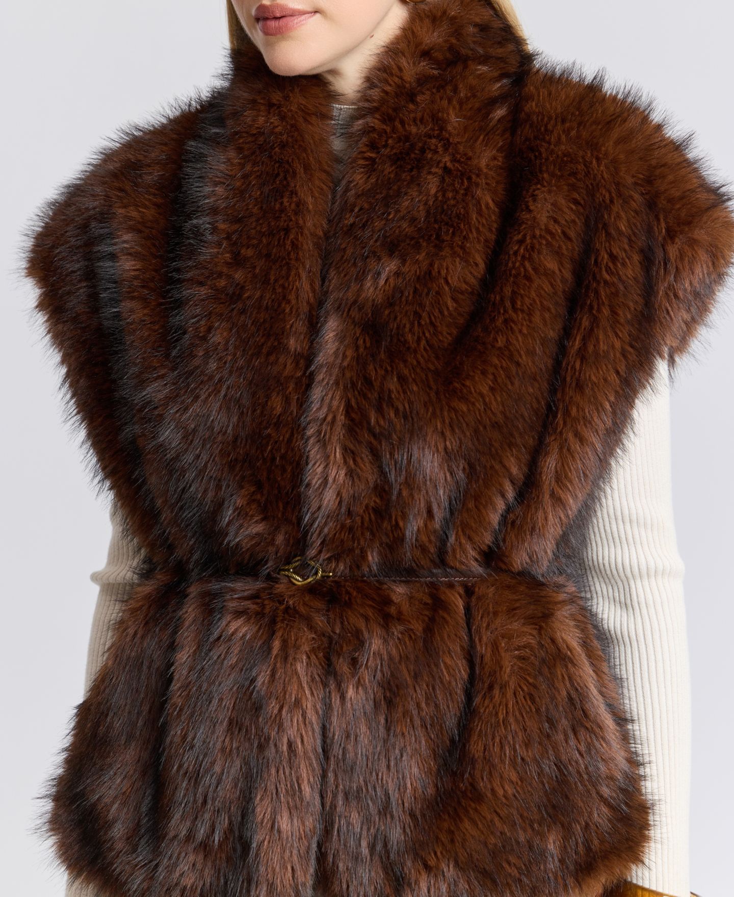 Женский жилет Avec Les Filles Belted Faux Fur Shawl Collar Vest, цвет: Коричневый — фото 6